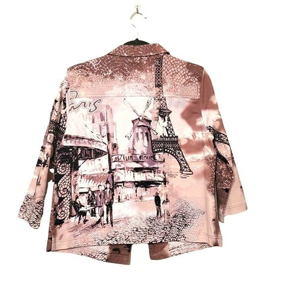 Mirror Image Womens Jacket  Brown White M Eiffel Tower Print Stretch Denim Jean - Picture 5 of 8